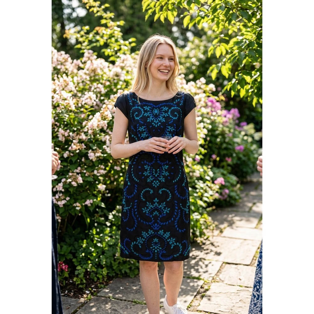 Monsoon Womens Black Embroidered Sequin Sheath Dress Blue Floral SZ 12 Office